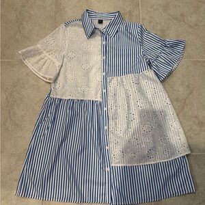 SHEIN Blue and White Striped Patchwork Hollow out Embroidery